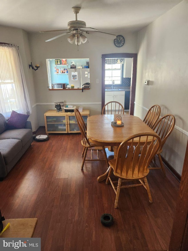 dining area featuring sink, dark wood-type flooring, and ceiling fan