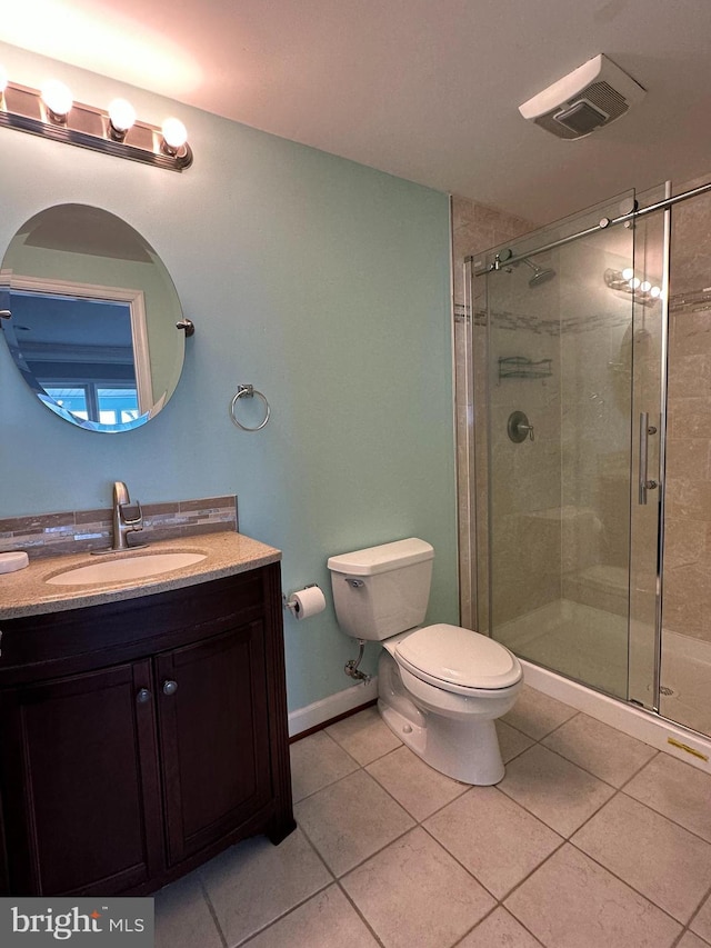 bathroom featuring visible vents, toilet, tile patterned flooring, vanity, and a shower stall