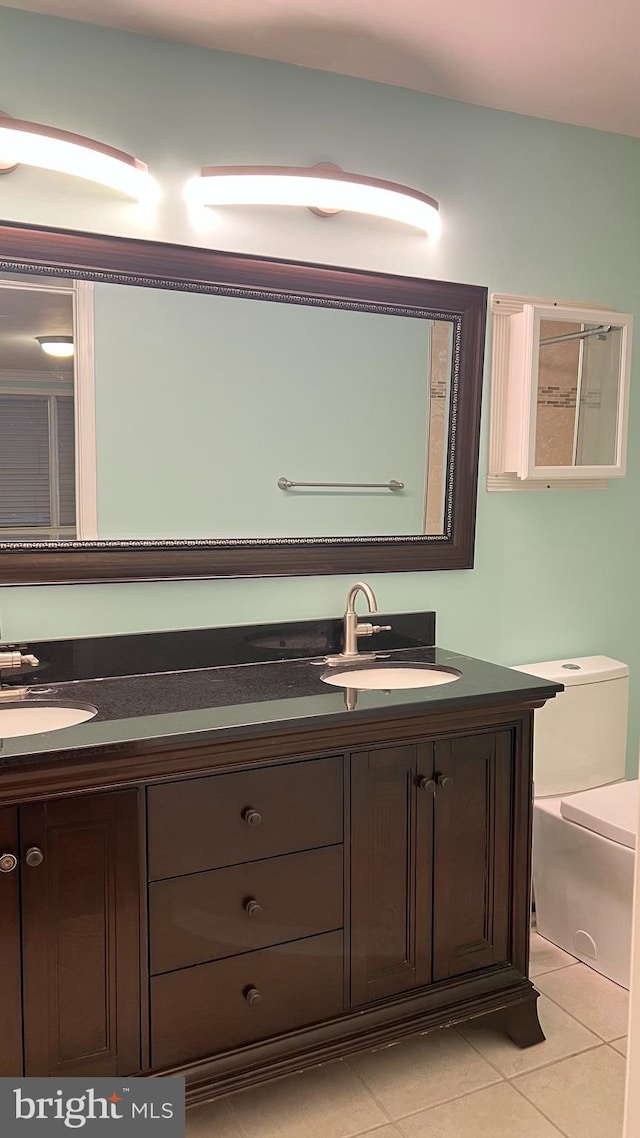 bathroom with vanity, toilet, and tile patterned flooring