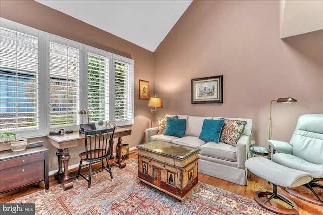 living room featuring wood-type flooring and high vaulted ceiling