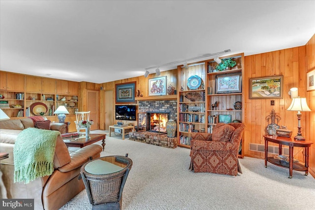 living room with a fireplace, carpet flooring, wood walls, and rail lighting