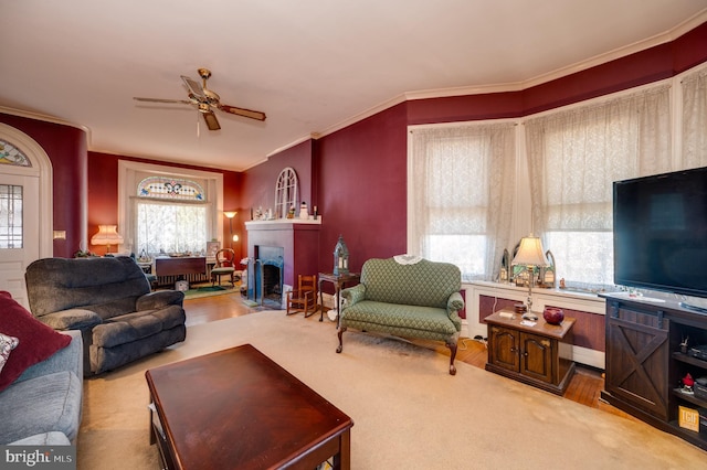 living room featuring ornamental molding, a fireplace with flush hearth, and a ceiling fan