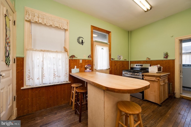 kitchen with dark wood-style floors, a wainscoted wall, gas stove, a peninsula, and a kitchen bar