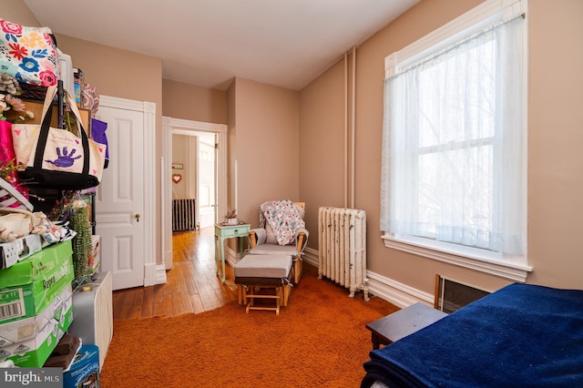 bedroom featuring radiator and wood finished floors