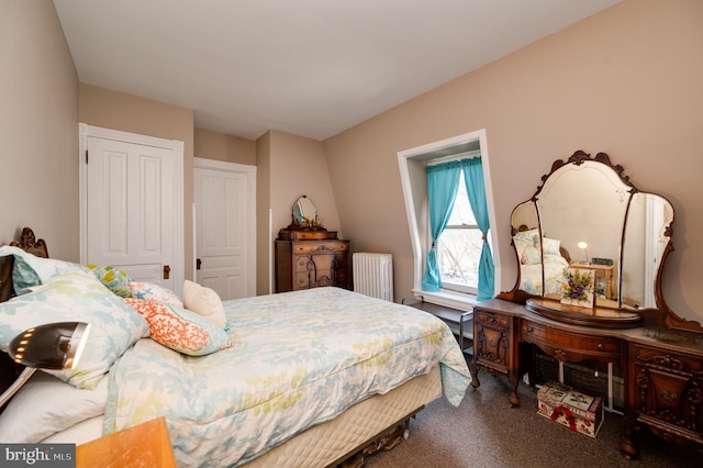 bedroom with a closet, carpet flooring, and radiator heating unit