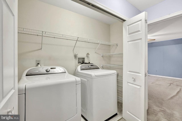 clothes washing area with light carpet and independent washer and dryer