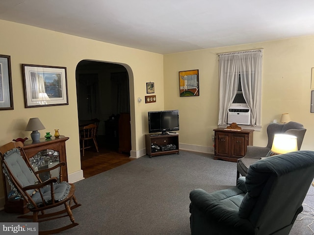 living room featuring cooling unit and carpet flooring