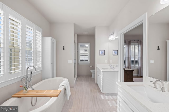 bathroom with vanity, a tub, and toilet