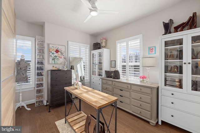 office area featuring dark hardwood / wood-style floors and ceiling fan