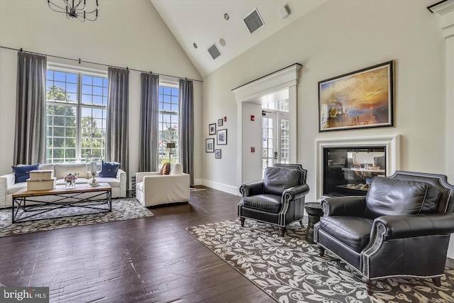 living room with dark hardwood / wood-style flooring and high vaulted ceiling