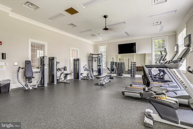 exercise room featuring crown molding