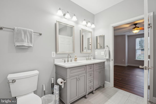 bathroom with ceiling fan, vanity, and toilet