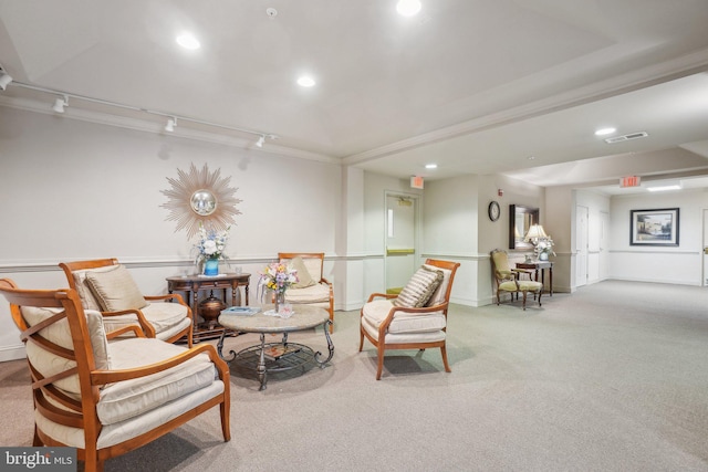 living area featuring light colored carpet and track lighting