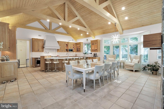 dining area featuring high vaulted ceiling, wooden ceiling, a chandelier, and beam ceiling