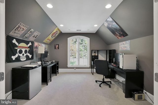 office with recessed lighting, light carpet, vaulted ceiling, and baseboards