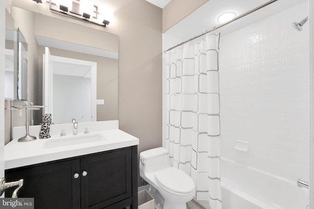 full bath featuring toilet, vanity, and shower / bathtub combination with curtain