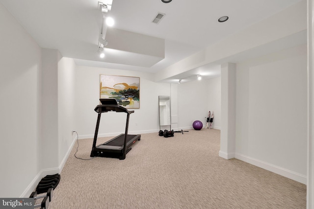 exercise room featuring light carpet, rail lighting, baseboards, and visible vents