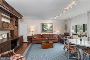 living room with rail lighting and dark hardwood / wood-style floors