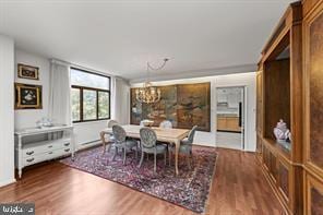 dining space featuring dark hardwood / wood-style floors and a notable chandelier