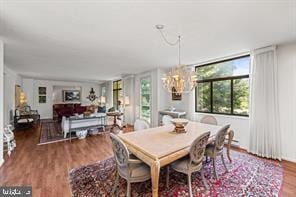 dining room with wood-type flooring and an inviting chandelier