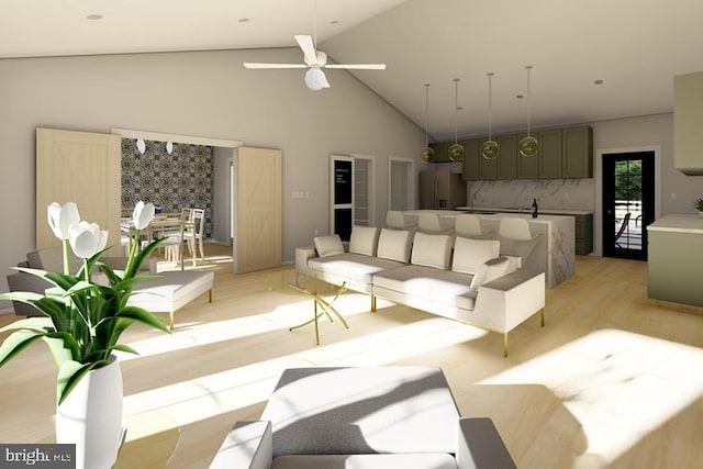 living room with light wood-style floors, high vaulted ceiling, and ceiling fan