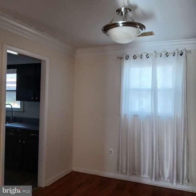 spare room with crown molding, dark hardwood / wood-style flooring, and sink