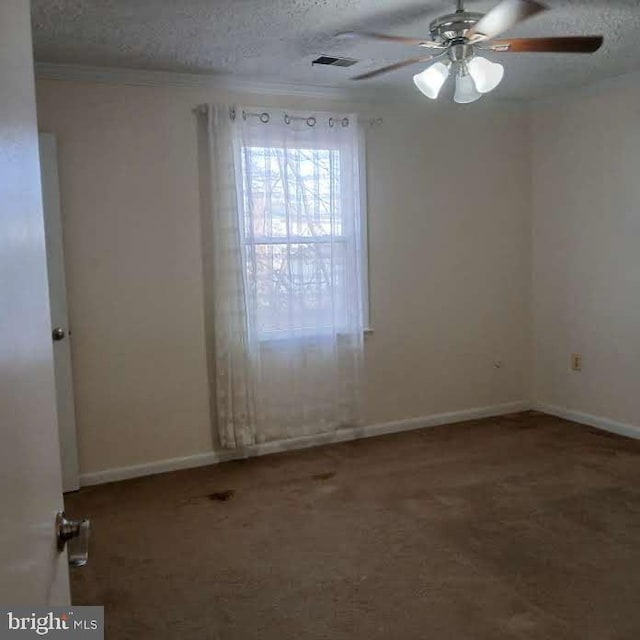 spare room with ceiling fan, ornamental molding, carpet flooring, and a textured ceiling