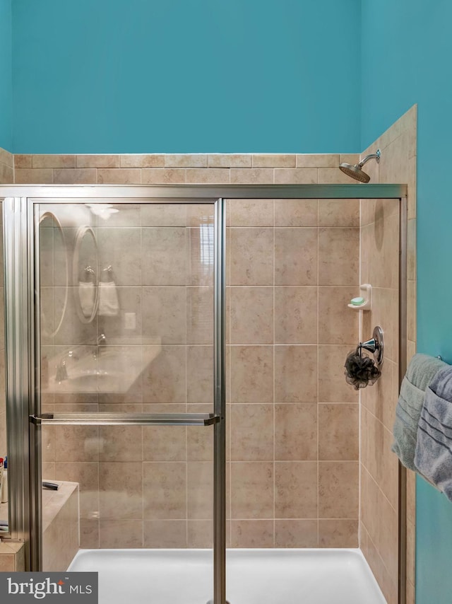 bathroom featuring a shower with shower door