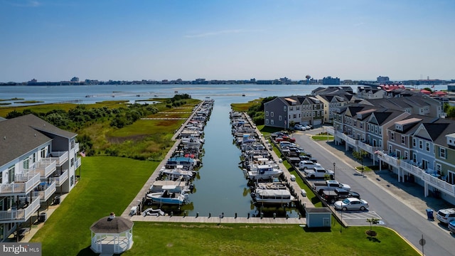 drone / aerial view with a water view