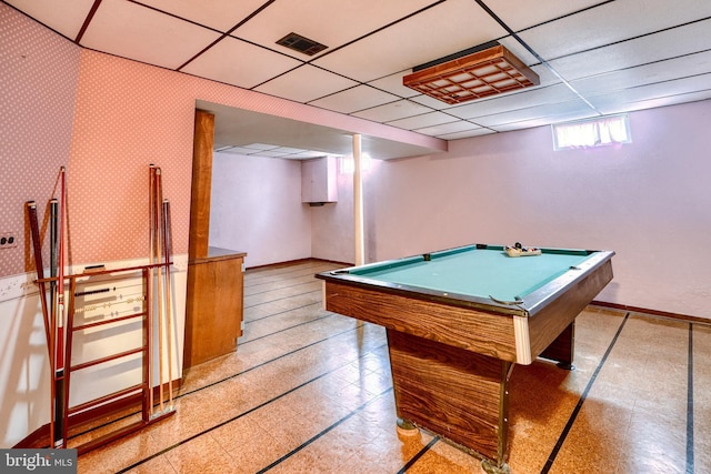 recreation room featuring pool table and a drop ceiling