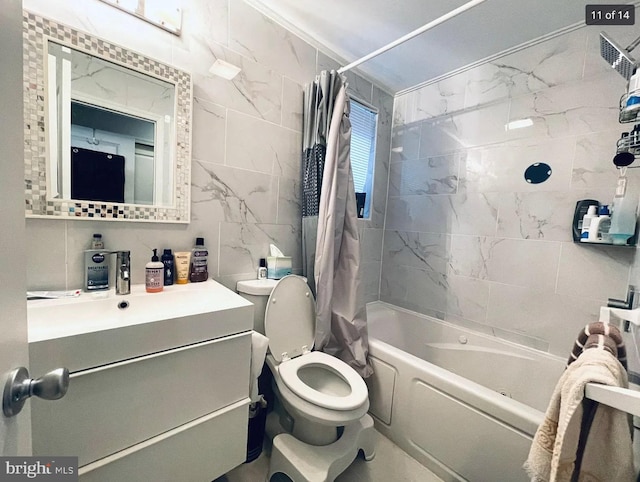 full bathroom with toilet, tile walls, vanity, shower / bath combination with curtain, and backsplash