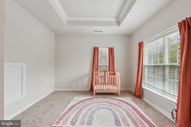 unfurnished bedroom featuring light colored carpet, a raised ceiling, and multiple windows