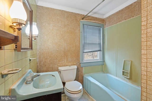 full bathroom with crown molding, toilet, shower / bath combination, and tile walls