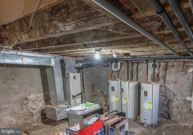 basement with heating unit and water heater