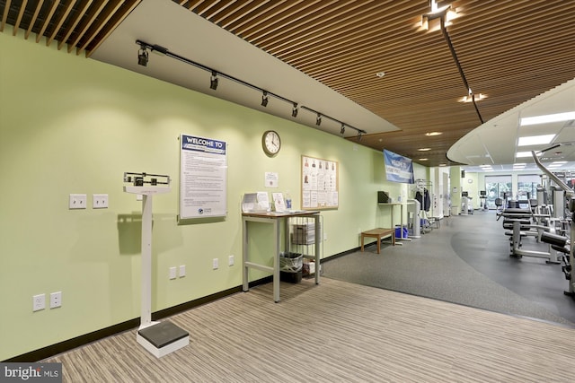 exercise room featuring baseboards and track lighting