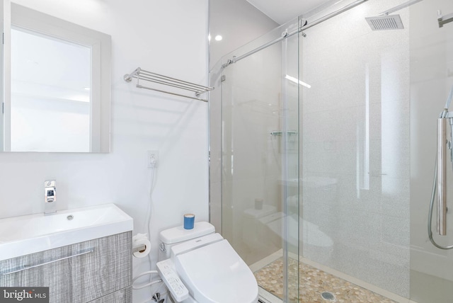 bathroom with vanity, a shower with door, and toilet