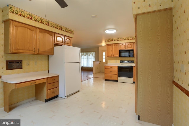 kitchen with white appliances and ceiling fan