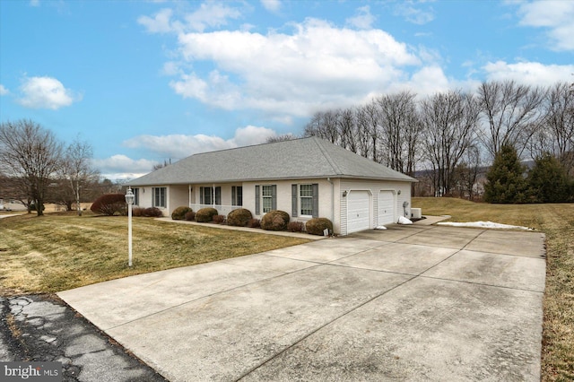 view of property exterior featuring a garage and a lawn