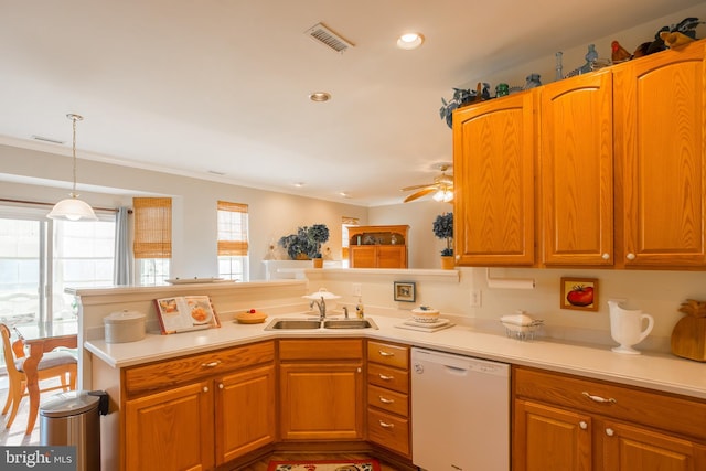 23137 Pine Run, Millsboro, DE 19966 - kitchen featuring sink, dishwasher, kitchen peninsula, pendant lighting, and ceiling fan