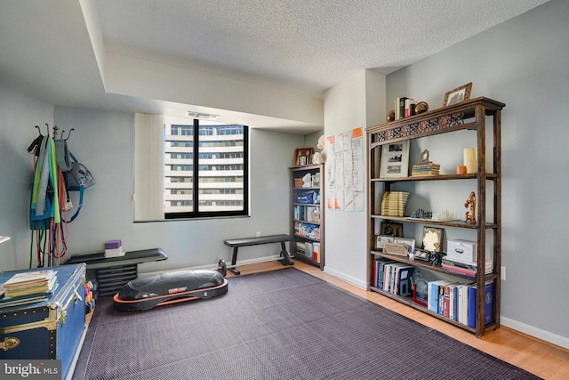 exercise room featuring hardwood / wood-style flooring and a textured ceiling