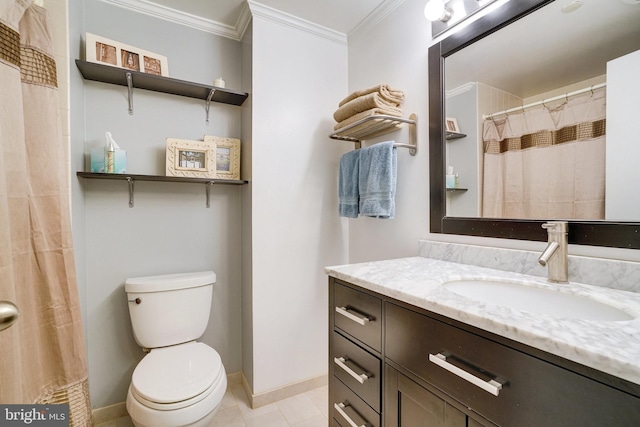 bathroom with walk in shower, tile patterned floors, toilet, crown molding, and vanity