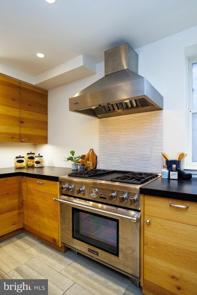 kitchen featuring high end stainless steel range oven and exhaust hood