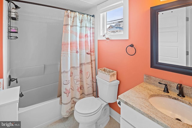 full bathroom with vanity, shower / tub combo, tile patterned floors, and toilet