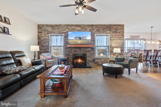 carpeted living room featuring ceiling fan with notable chandelier and a fireplace