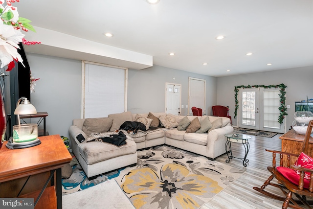 living room with light hardwood / wood-style flooring