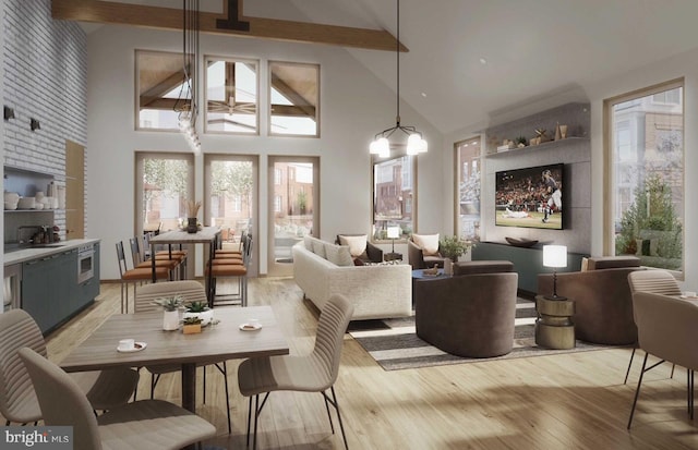 interior space with beamed ceiling, high vaulted ceiling, a chandelier, and light wood-type flooring