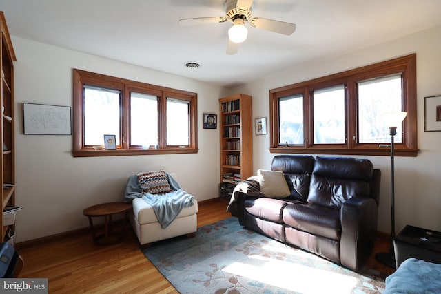 living room with ceiling fan and wood-type flooring