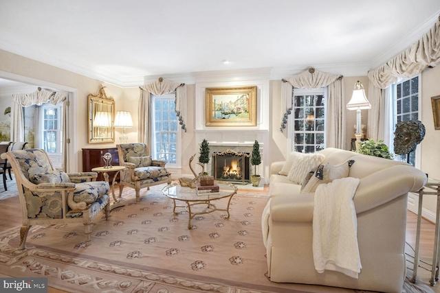 living room featuring ornamental molding and hardwood / wood-style floors