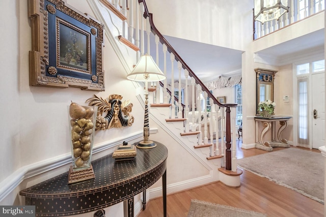 entrance foyer featuring hardwood / wood-style flooring and a high ceiling