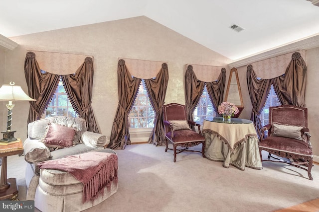 living area featuring lofted ceiling and carpet flooring